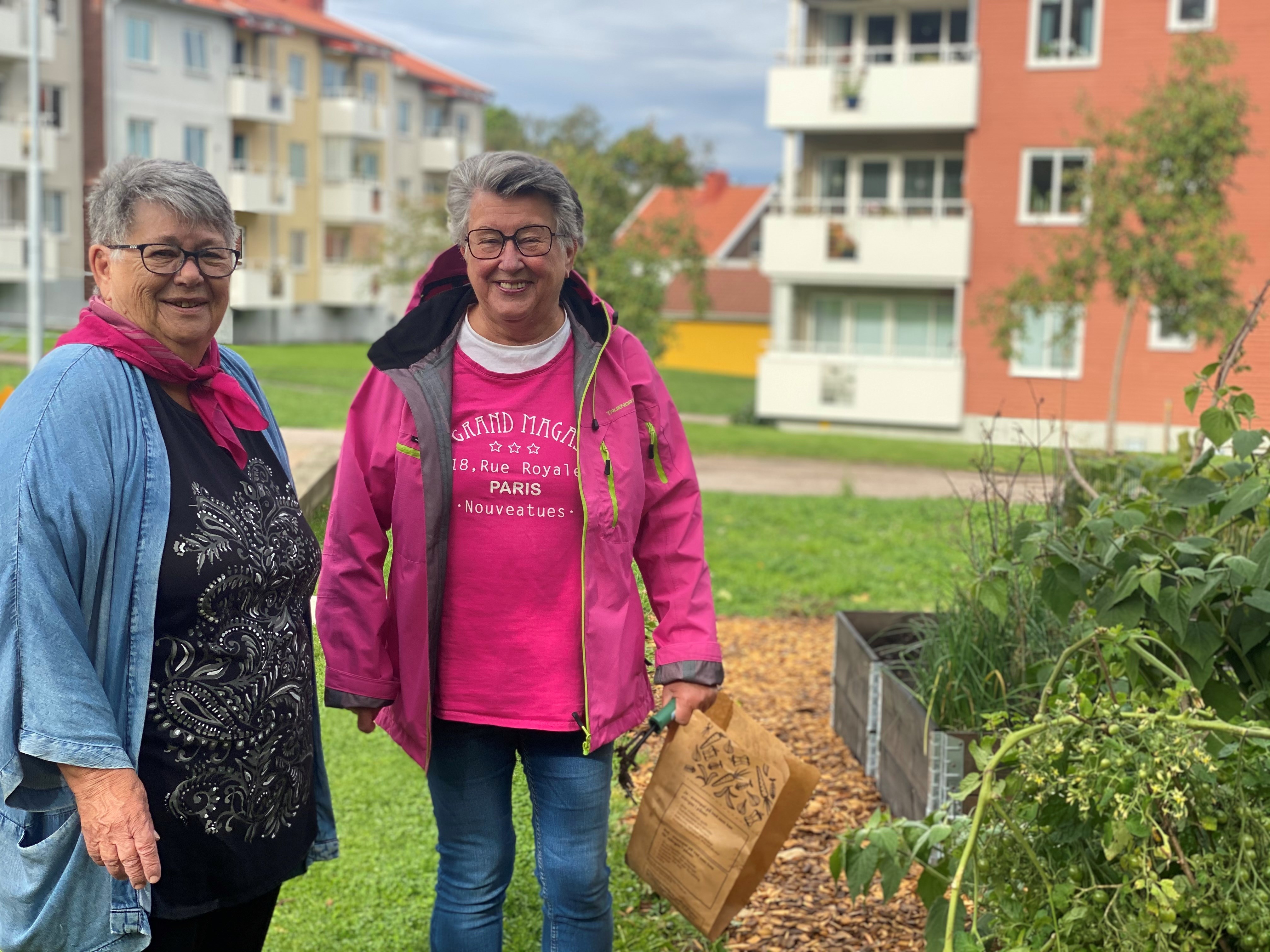 Hyresgästerna Britt och Lill visar upp sina odlingskragar som de kostnadsfritt odlar i hos Uddevall