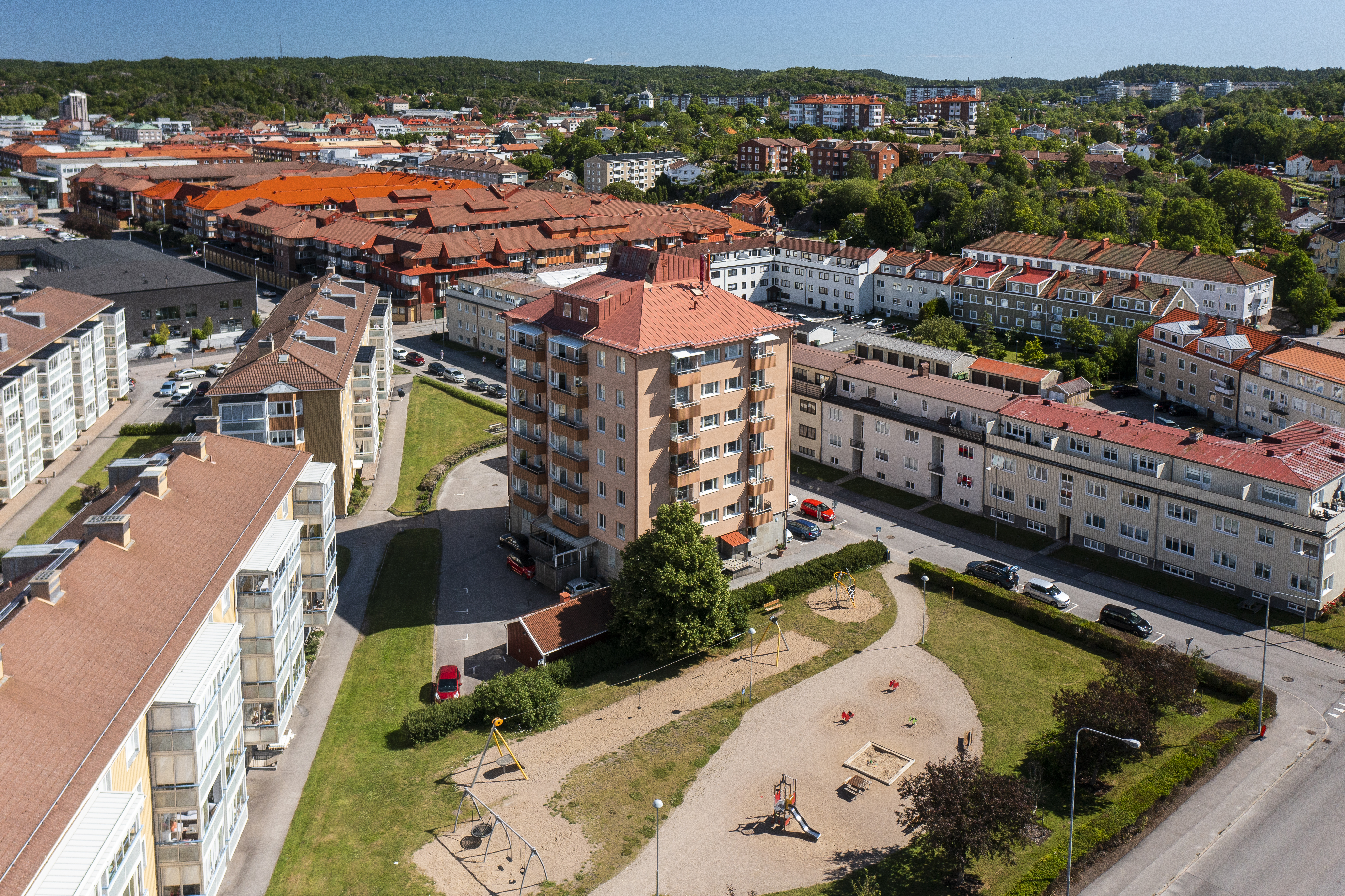 Flygfoto på Uddevallahems fastighet på Packhusgatan 12