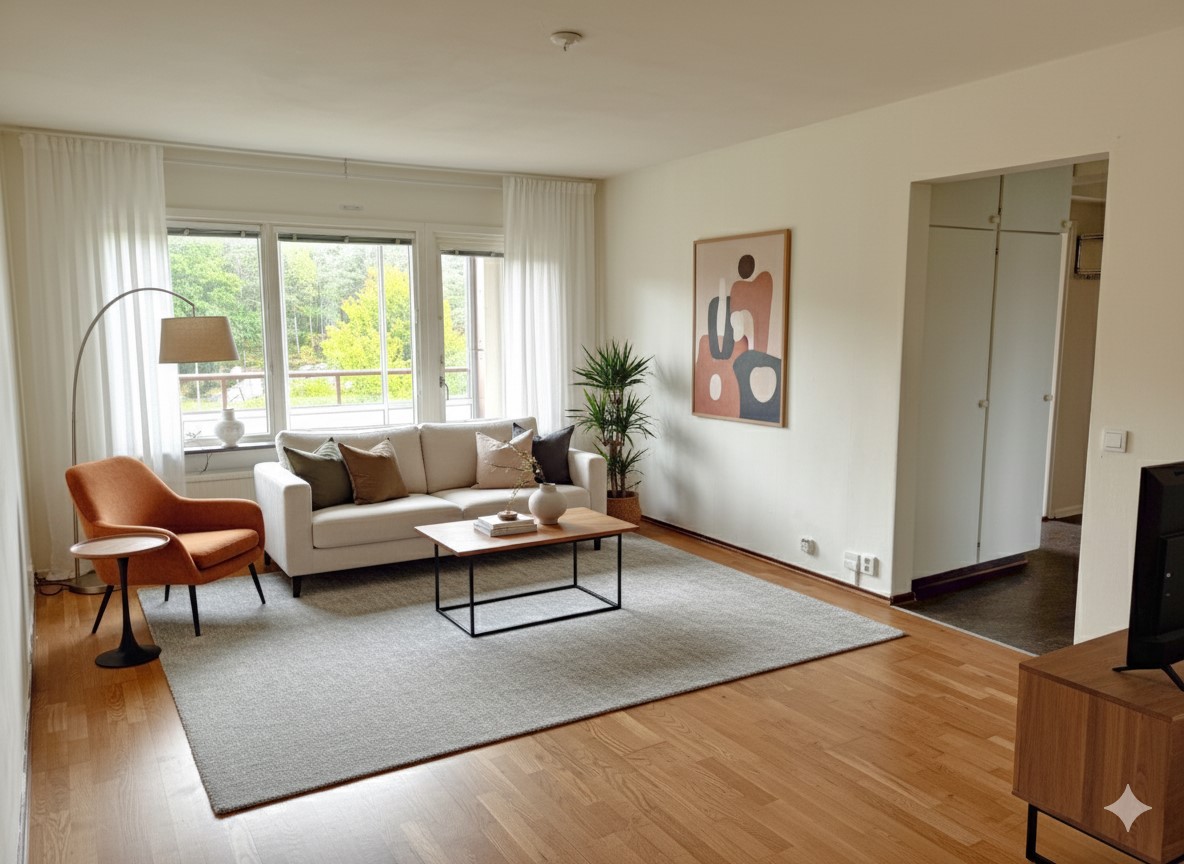 Möblerat vardagsrum med ljus soffa, grå matta och tavla på väggen