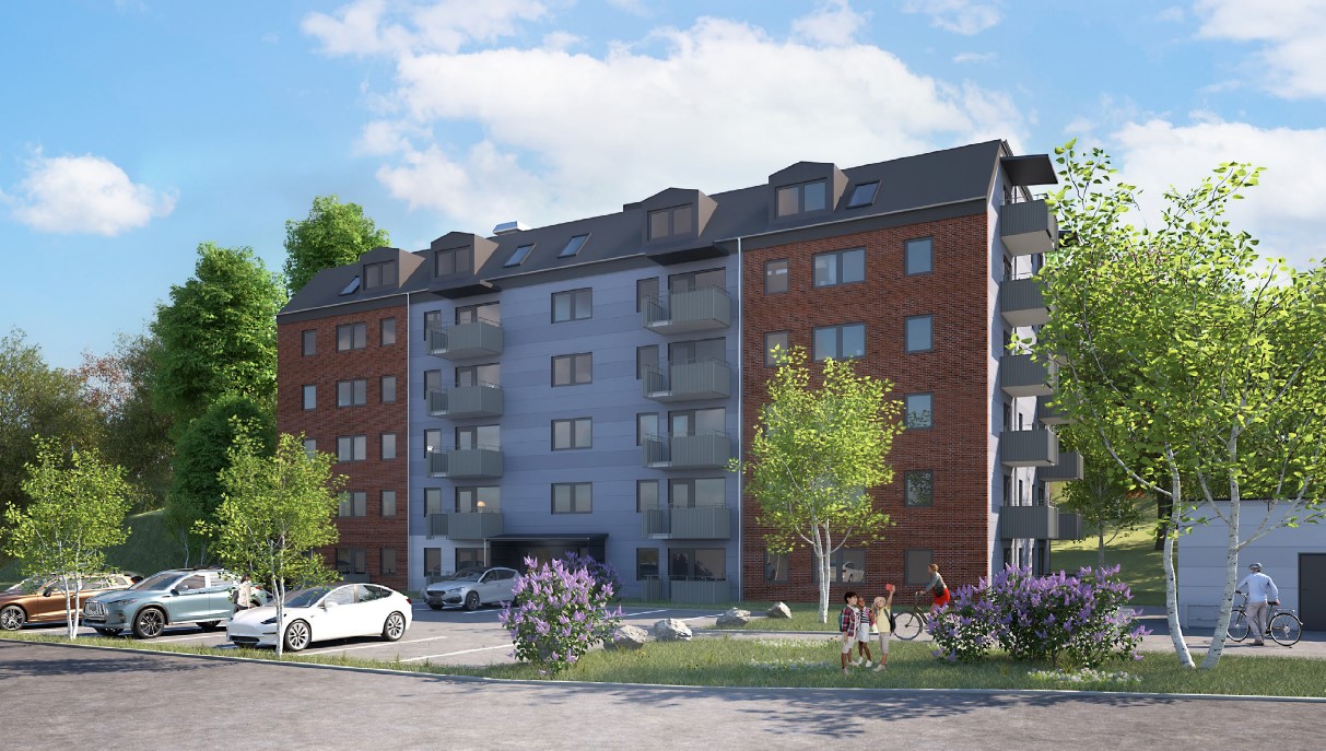 Visualisering av flerbostadshus med träd i bakgrunden och parkering med bilar i förgrunden