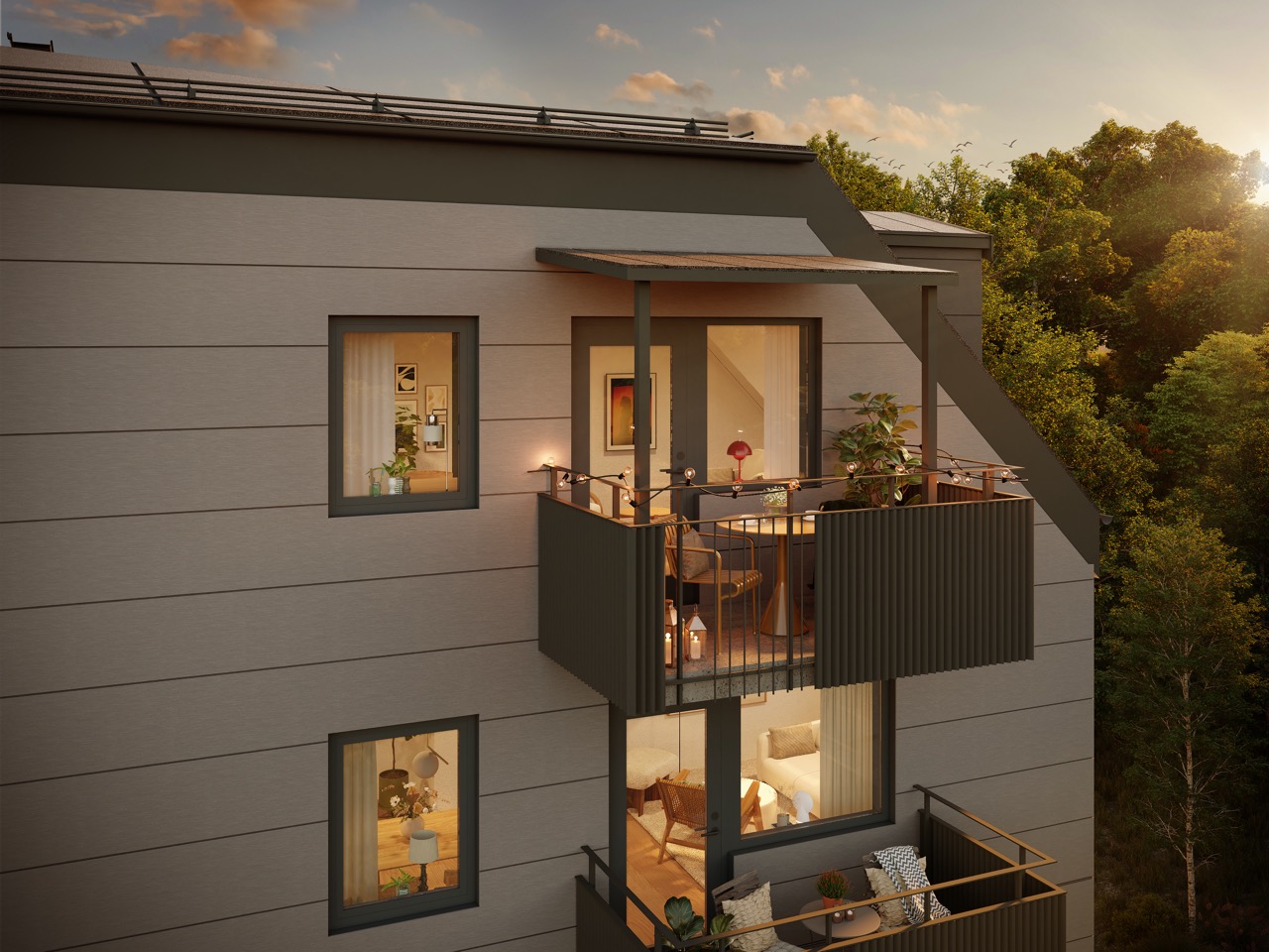 Visualisering av en balkong i solnedgång